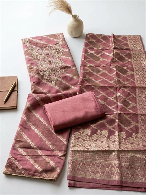 Embroidered Chanderi Unstitched Suit With Pant & Dupatta – Meenabazaar