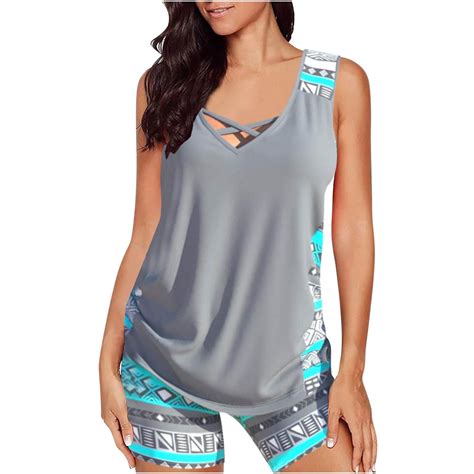 Womens 2 Piece Swim Tank Tops Criss Cross Neck Swimming Costume Tummy ...