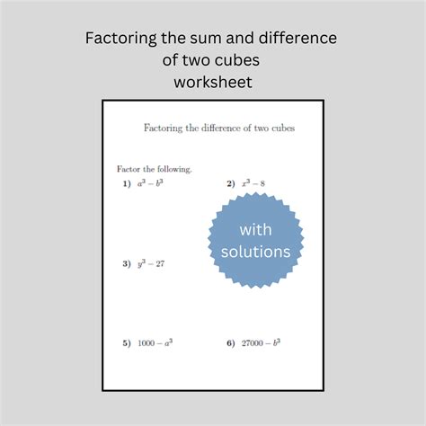 Sum and Difference of Cubes Algebra and Factoring Polynomials Worksheet ...