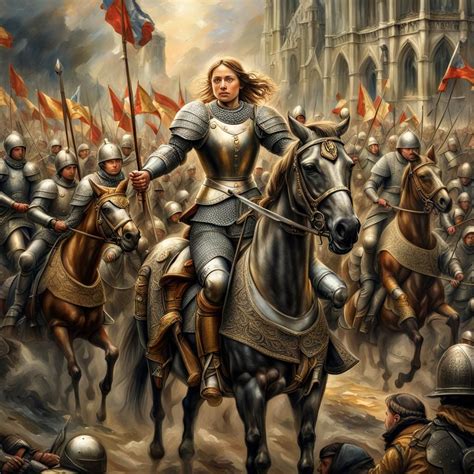Joan of Arc in armor and on horseback leading the troops in a charge ...