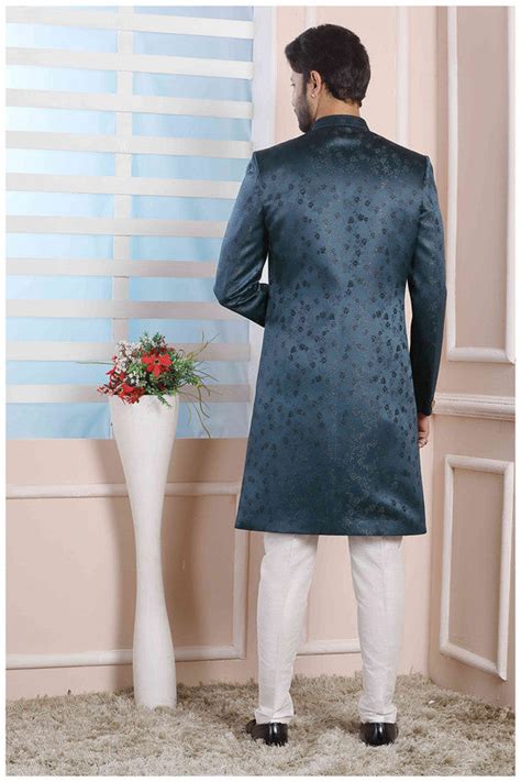 Men's Jacquard Silk Thread Work Indo Western In Teal Green Colour – Trendia