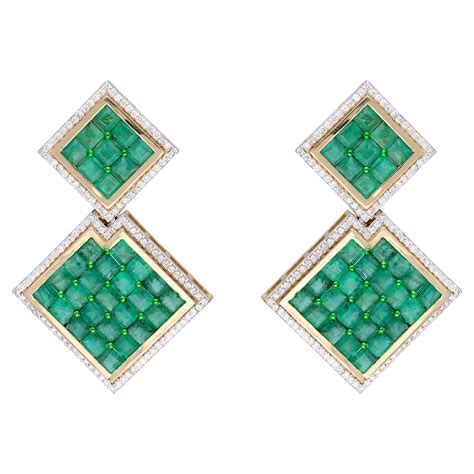 Natural Emerald and diamond earring 14k gold For Sale at 1stDibs