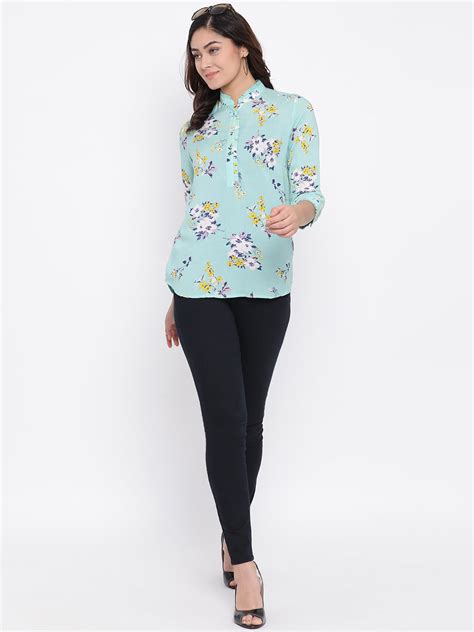 Green Printed Mandarin Collar Tops - Women Tops