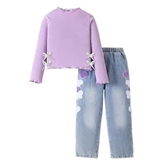 Buy Hopscotch Girls Full Sleeves Textured Print Lavender Jeans set For ...