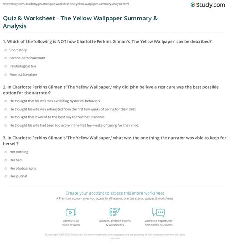 Quiz & Worksheet - The Yellow Wallpaper Summary & Analysis | Study.com