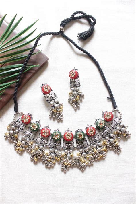Dual Tone Red and Green Beads Adjustable Length Choker Necklace Set – A ...