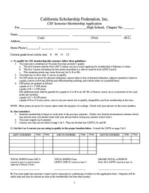 2010 Form CA Scholarship Federation CSF Semester Membership Application ...