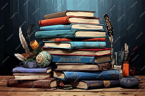 Мультяшная векторная иллюстрация красочной стопки книг с открытой ...