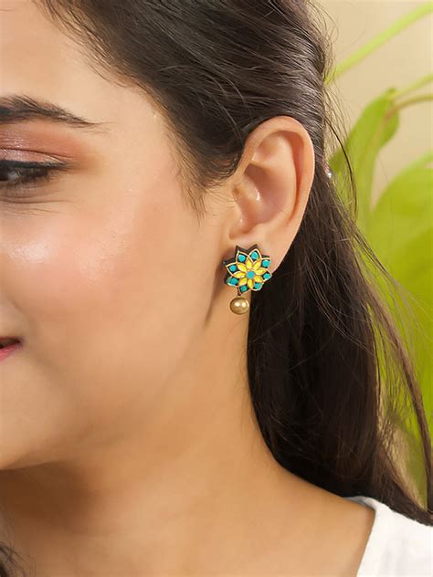 Yellow Green Antique Gold Floral Mandala Work Handmade Terracotta Stud ...