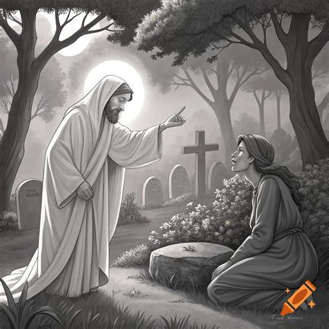 Jesus and Mary Magdalene in Gethsemane grayscale painting on Craiyon