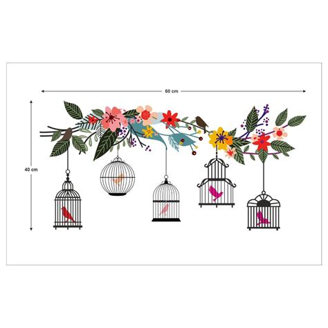 Colorful Flower Branch with Birds Cage Wall Sticker (PVC Vinyl, Self-a ...