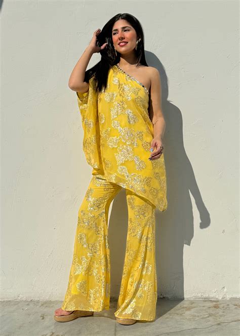 One shoulder Yellow kurta set – Urth Label