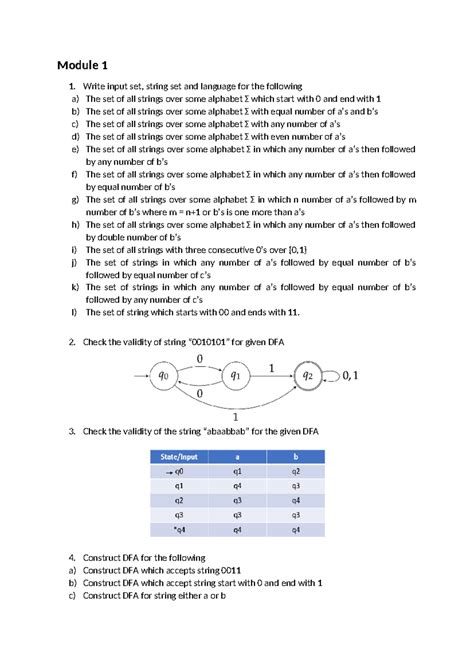 DFA Practice Question - Module 1 1. Write input set, string set and ...