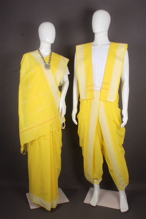 Traditional Handloom Joda Set in Lemon Yellow with Butis and Cream Bor ...