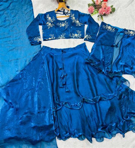 Teal Blue Designer Heavy Fandy Satin Embroidered Peplum Lehe