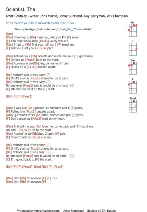 Easy Ukulele Chords for The Scientist by Coldplay