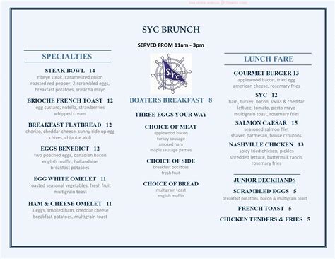 Menu at Sandusky Yacht Club, Sandusky