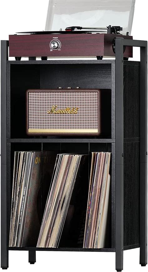 Record Player Stand, 3-Shelf Black Vinyl Record Holder with Storage ...