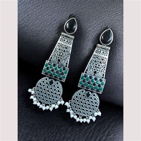 Maharani Jewels Antique Oxidised Plated Pota Stone And Pearl Earrings ...