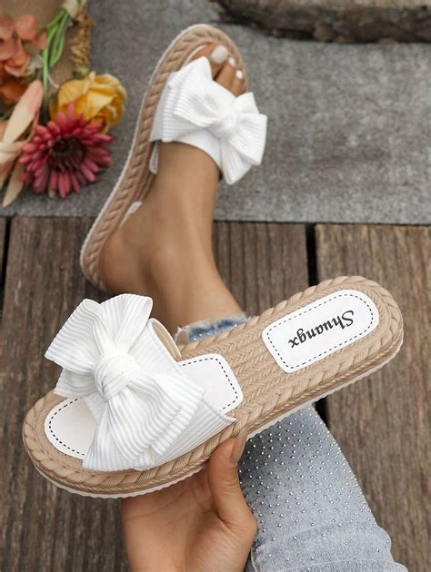 Women's Bow Decor Flat Sandals, Round Toe Slip-On Summer Shoes, Anti ...