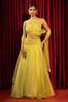 Buy Yellow Organza, Net Embroidery Halter Neck Floral Hand Lehenga Set ...