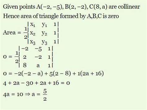 Find the value of a for which the points (-2,-2) ,(8,a) and (a,0) are ...