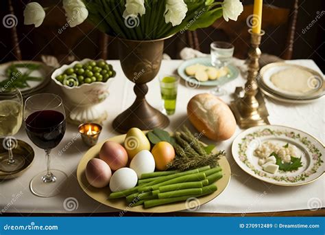 Traditional Seder Plate on Passover Table with Food, Eggs, Wine and ...