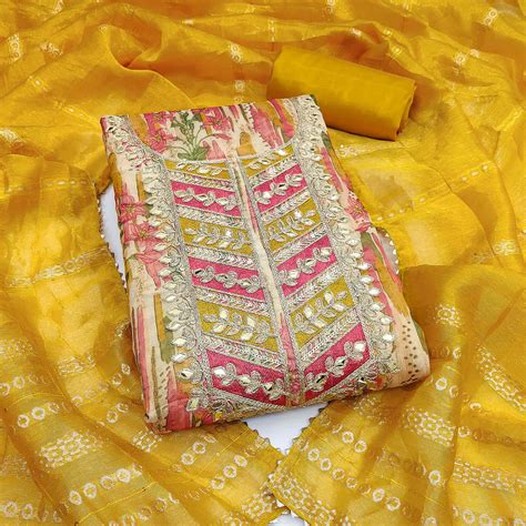 Yellow Floral Digital Printed Shimmer Silk Dress Material With Elegant