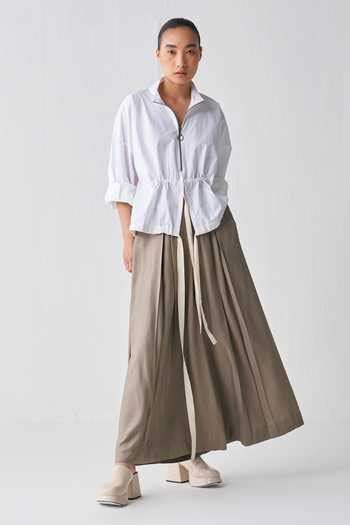 Buy White Poplin Open Neck Flowy Zip Up Top For Women by THREE Online ...