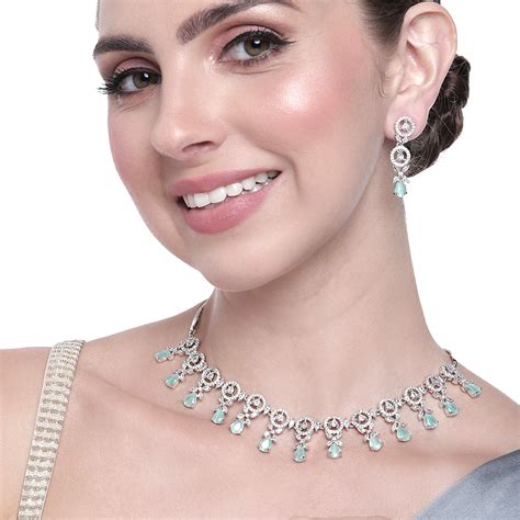 Rhodium-Plated CZ Necklace Set with Green Crystals - Estele