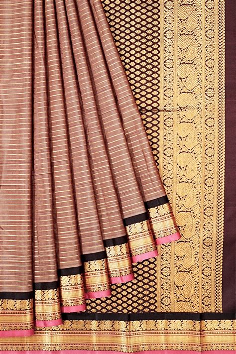 Kanchipuram Silk Horizontal Lines Pastel Brown Saree | Kankatala