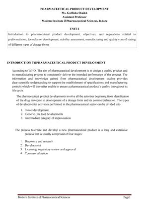 UNIT I PPD (1) (1) - PHARMACEUTICAL PRODUCT DEVELOPMENT Ms. Gulfisha ...