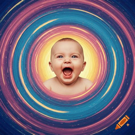 A happy baby with wide eyes and open mouth, framed by a colorful ...