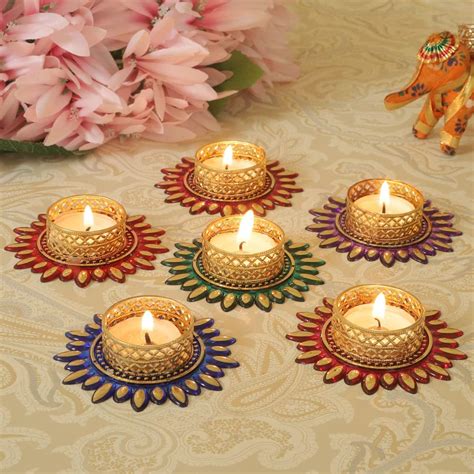 Buy TIED RIBBONS Set of 6 Multicolor Florals Tealight Candle Holders ...