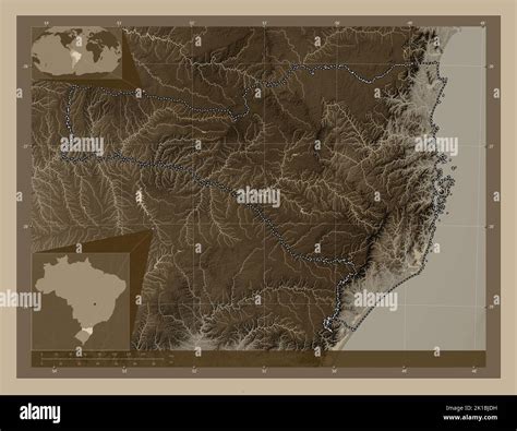Santa Catarina, state of Brazil. Elevation map colored in sepia tones with lakes and rivers ...
