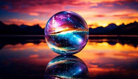 A shiny gazing ball with a reflection of a bright and colourful nebula ...