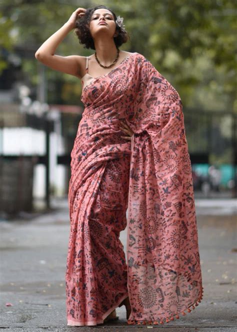 Get Handblock Tribal Printed Pink Cotton Saree With Tassled Border at ...