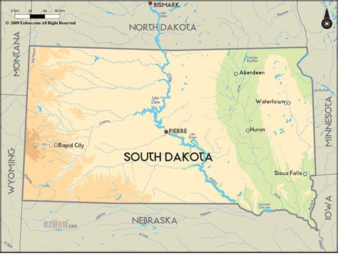 Geographical Map of South Dakota and South Dakota Geographical Maps