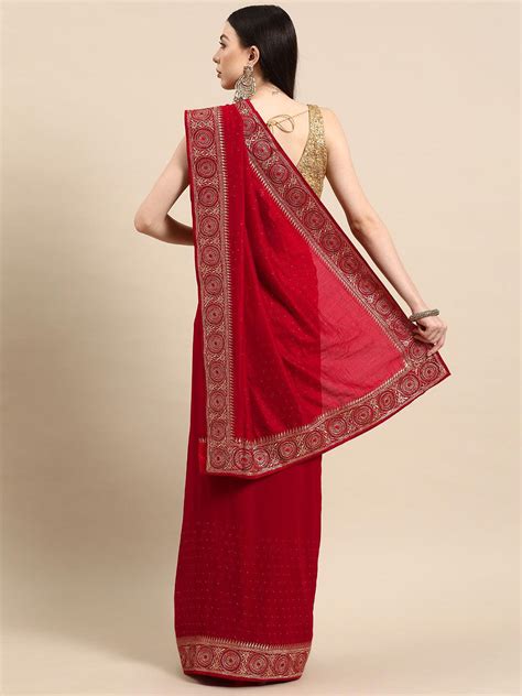 Buy Red Embroidered Silk Blend Saree Online at Rs.1374 | Libas