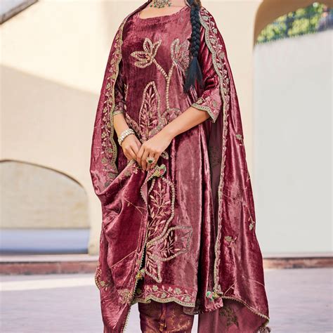 Embroidered Maroon Color Designer Salwar Suit In Pure Viscose Velvet F ...