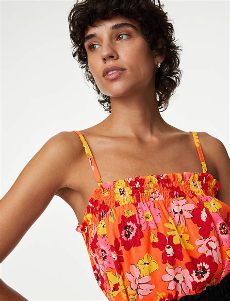 Buy Pure Cotton Printed Smocked Detail Cami Top at Marks & Spencer