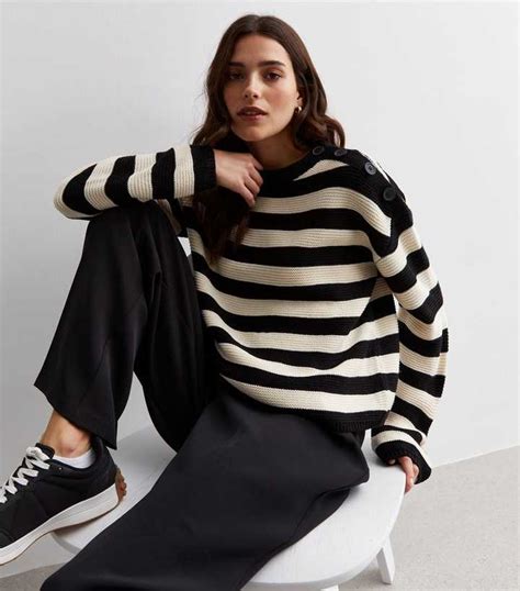 Black Stripe Stitch Knit Button Shoulder Jumper | New Look