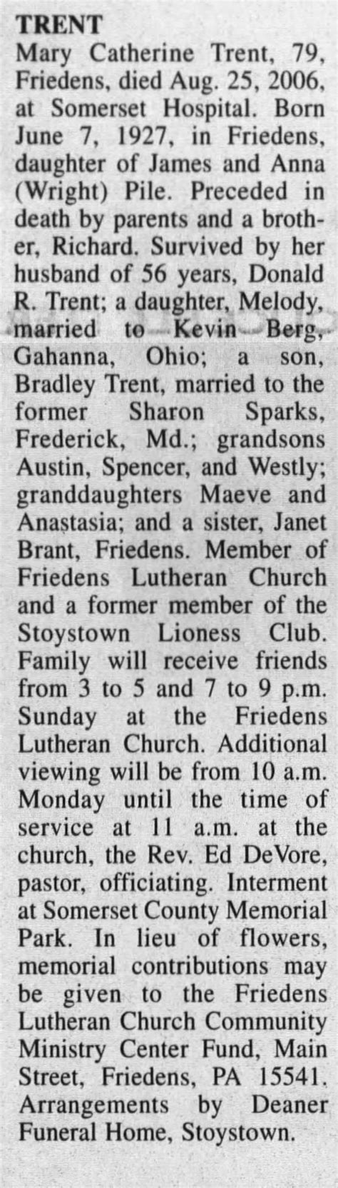 Mary Catherine Pile Trent obituary-The Daily American, Somerset, PA ...