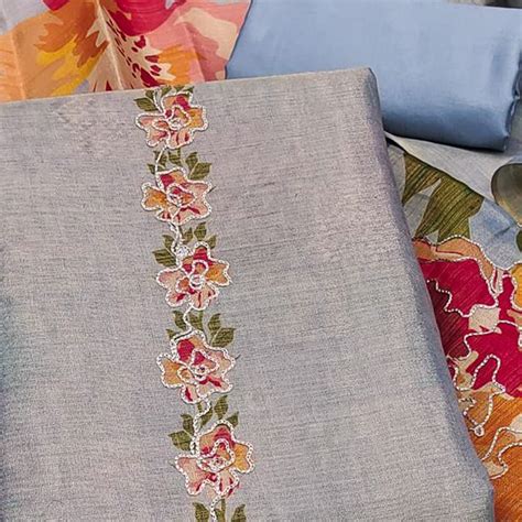 Grey Silk Blend Dress Material With Floral Print Accents & Delicate Th