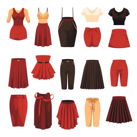 A collection of different outfits including one with a red skirt ...