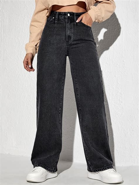 High Waist Wide Leg Jeans | Black High Waisted Jeans Outfit | Damen ...