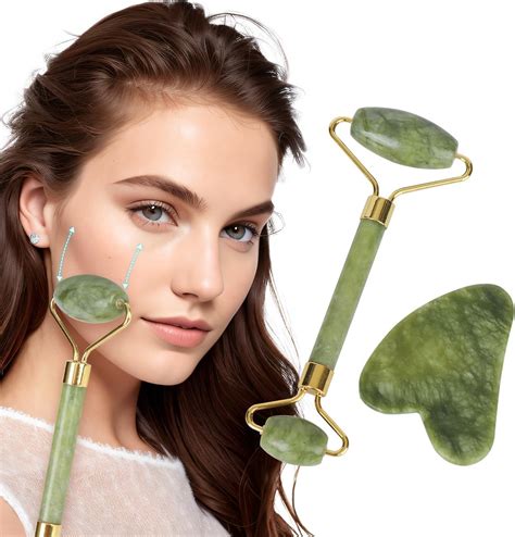 Jade Roller & Gua Sha Facial Tool, 100% Natural Facial Stone Face ...