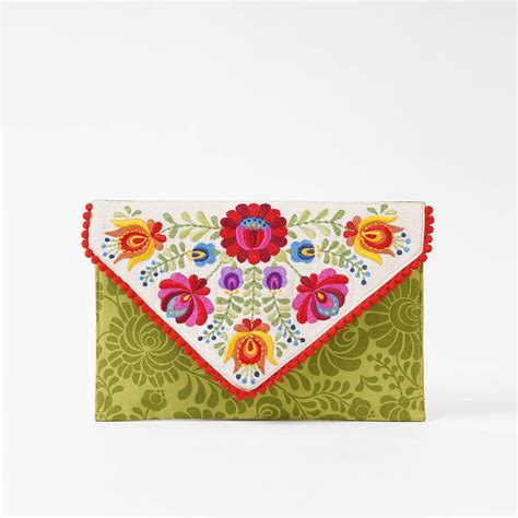 Matyo - Green colour Printed and Embroidered Envelope clutch, foldover