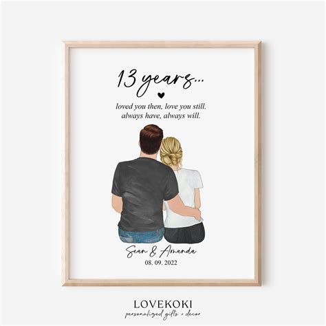13th Anniversary Gift Custom Couple Portrait Illustration Drawing ...