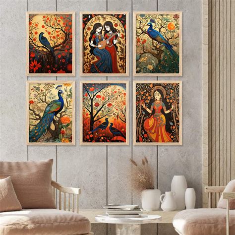 Traditional Indian Inspired Madhubani Art Prints with Frame for Living ...
